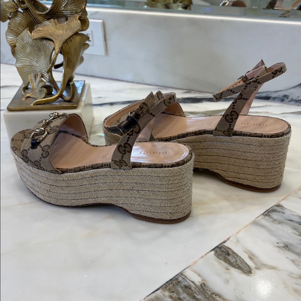 Gucci Beige Monogram Espadrille Platform Sandals - Picture 7 of 8